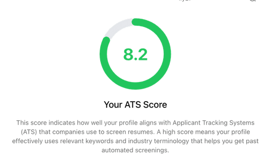 ATS Score gauge showing 8.2 out of 10